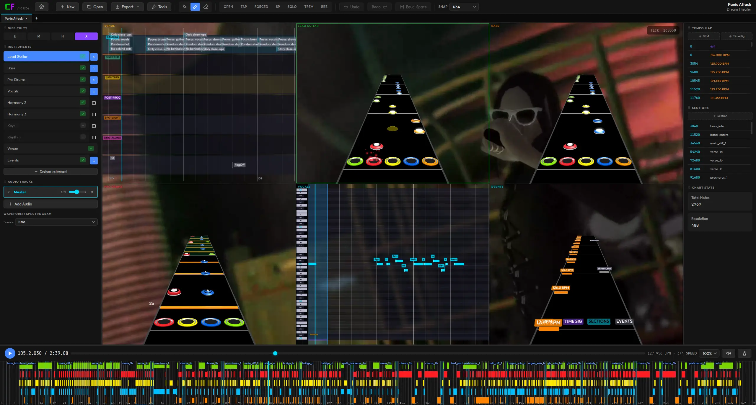 The ChartForge editor showing a note chart on the 3D highway
